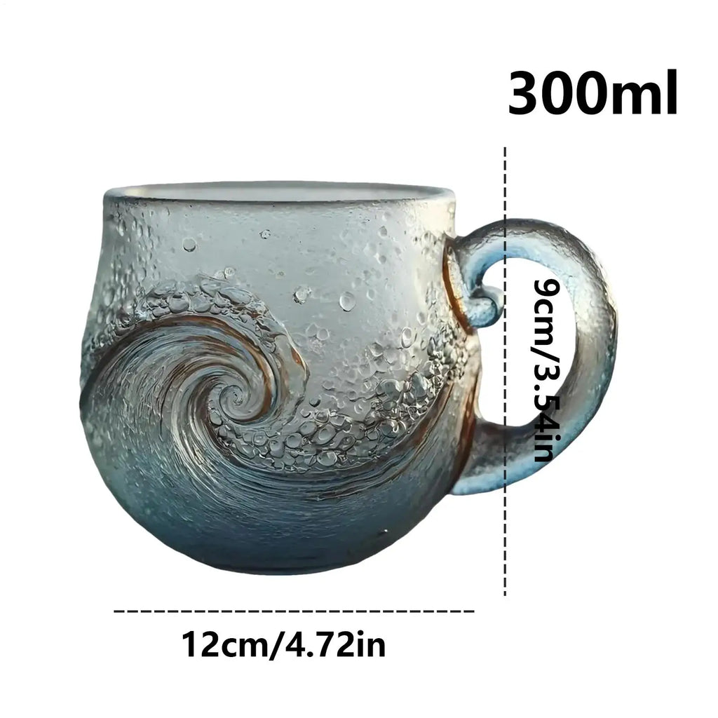 Clear Glass Coffee Mugs Wave Design Water Bottle 300ml Mugs for Coffee with Handle for Kids Beach House Office Women Men Adults Qme