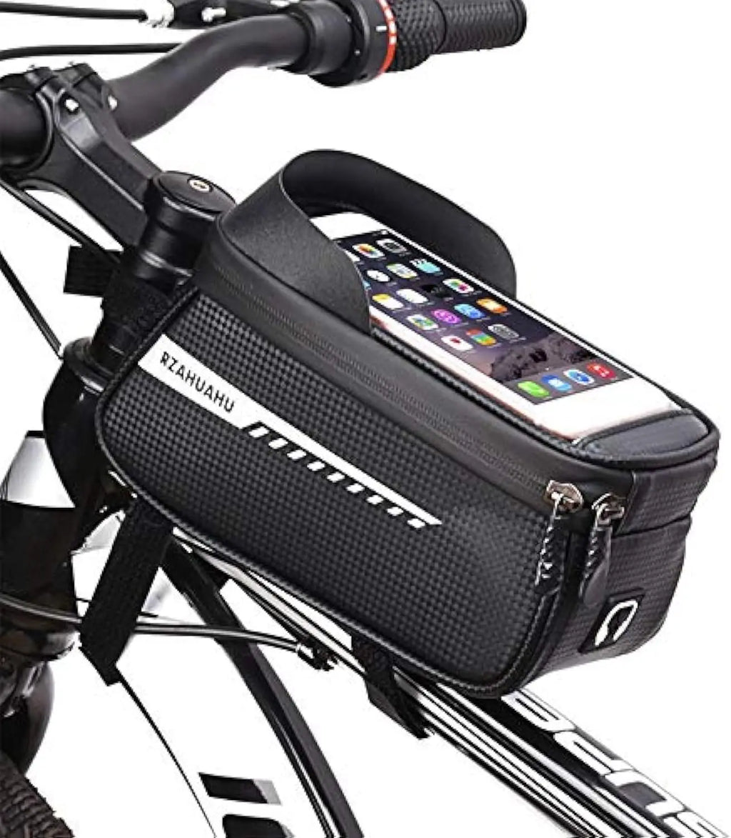 Bike Phone Front Frame Bag, Waterproof Pouch Bike Handlebar Bag Cycling Front Top Tube Touchscreen Phone Mount for Smartphone up Qme black