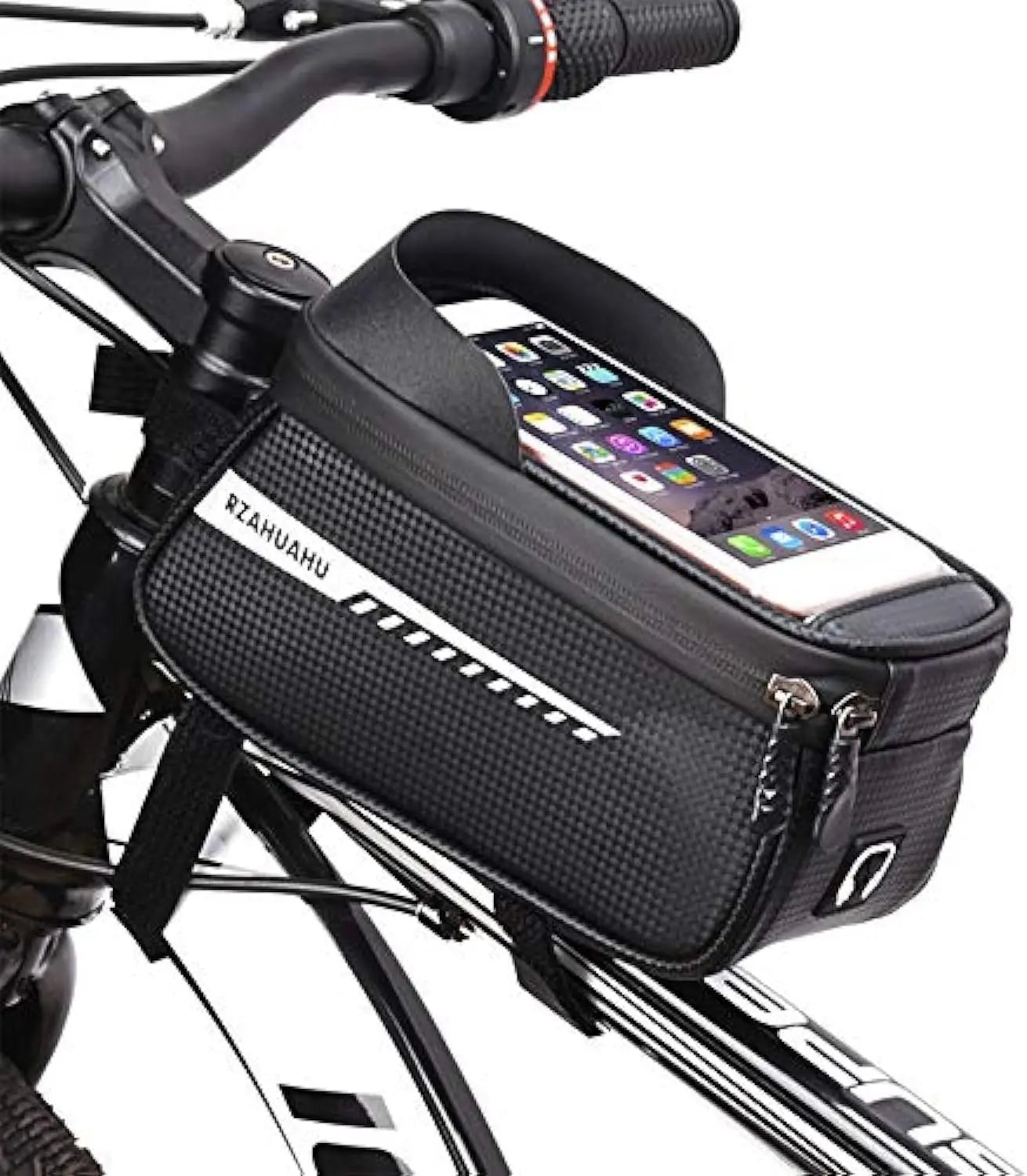 Bike Phone Front Frame Bag, Waterproof Pouch Bike Handlebar Bag Cycling Front Top Tube Touchscreen Phone Mount for Smartphone up Qme black