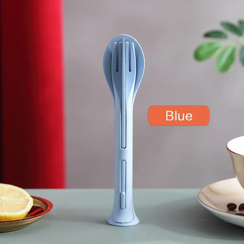 3PCS Portable Wheat Straw Cutlery Set Detachable Travel Tableware Dinnerware Set Camping Picnic Spoon Fork Chopsticks Kit Qme Blue