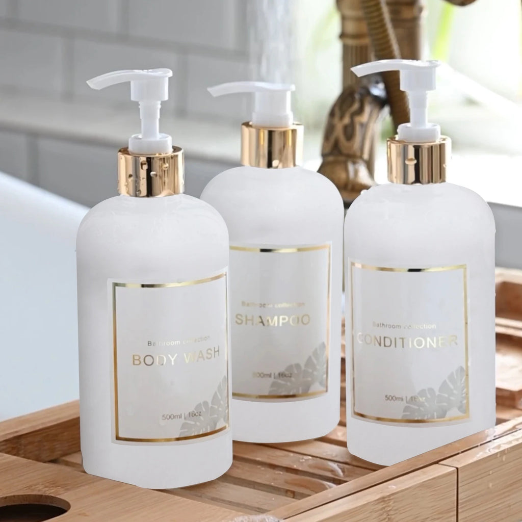 3pcs Bathroom Shower Dispenser Set Refillable Pump Clear Shampoo Conditioner Body Wash Dispenser Bath Soap Bottle Qme white