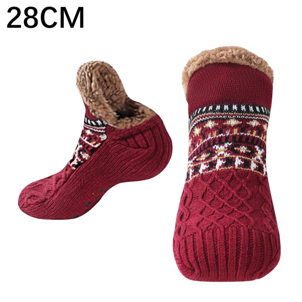 Thickened Floor Socks Women Men Home Slippers Socks Non Slip Knitted Carpet Sock Winter Thermal Sleeping Socks Christmas Gifts Qme Wine Red 28cm One Size