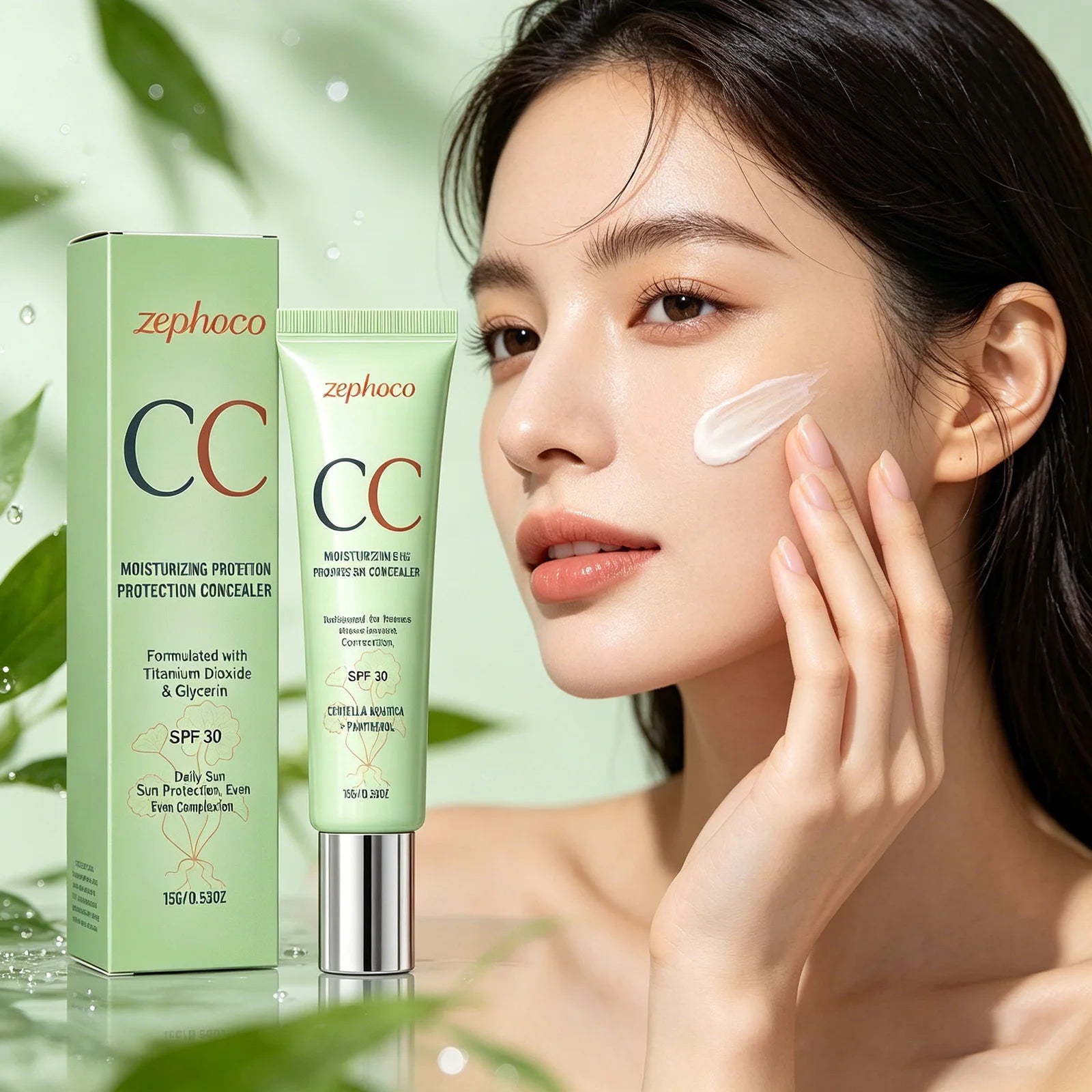 Zephoco Color Correcting Cream SPF 30 Anti UV Sun Protection Redness Blemish Cover Waterproof Centella CC Cream Foundation 15g Qme