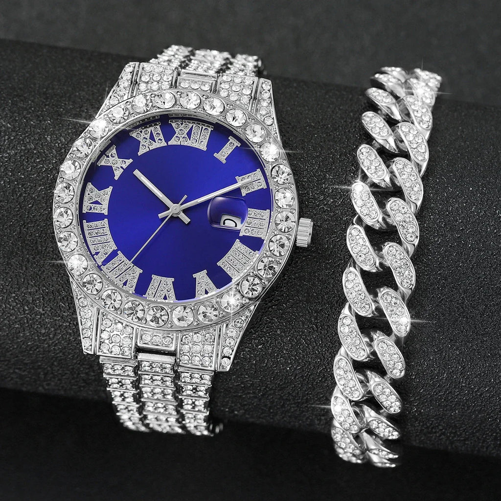 Relógio de quartzo feminino, moda casual, diamante completo, pulseira com mostrador azul romano, sem caixa, 2 peças por conjunto Qme blue