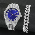 Relógio de quartzo feminino, moda casual, diamante completo, pulseira com mostrador azul romano, sem caixa, 2 peças por conjunto Qme blue