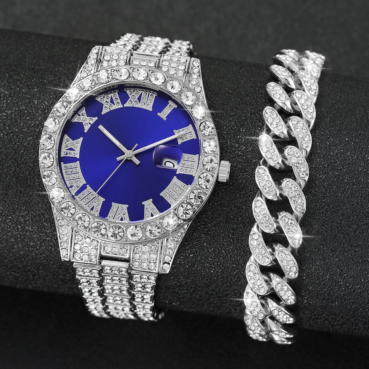 Relógio de quartzo feminino, moda casual, diamante completo, pulseira com mostrador azul romano, sem caixa, 2 peças por conjunto Qme blue