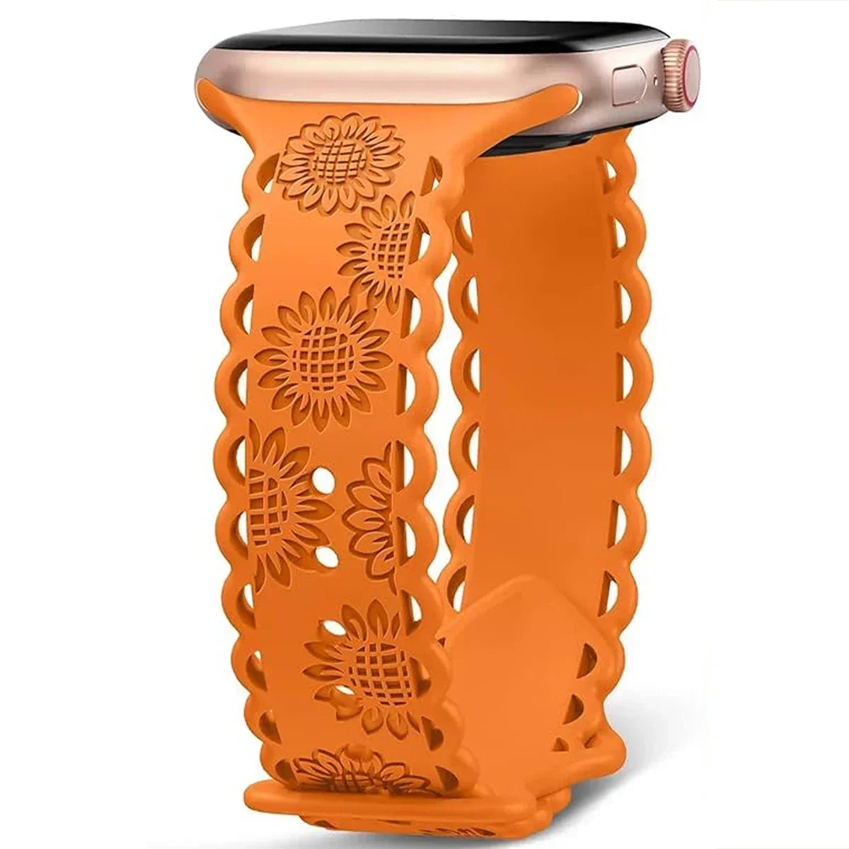 Engraved Floral Strap for Apple Watch Ultra2 49mm 45 44 42 41 40mm 38mm Silicone Band for IWatch Series 9/8/7/6/5/4/3/2/SE Ultra Qme Orange 42mm 44mm 45mm 49mm