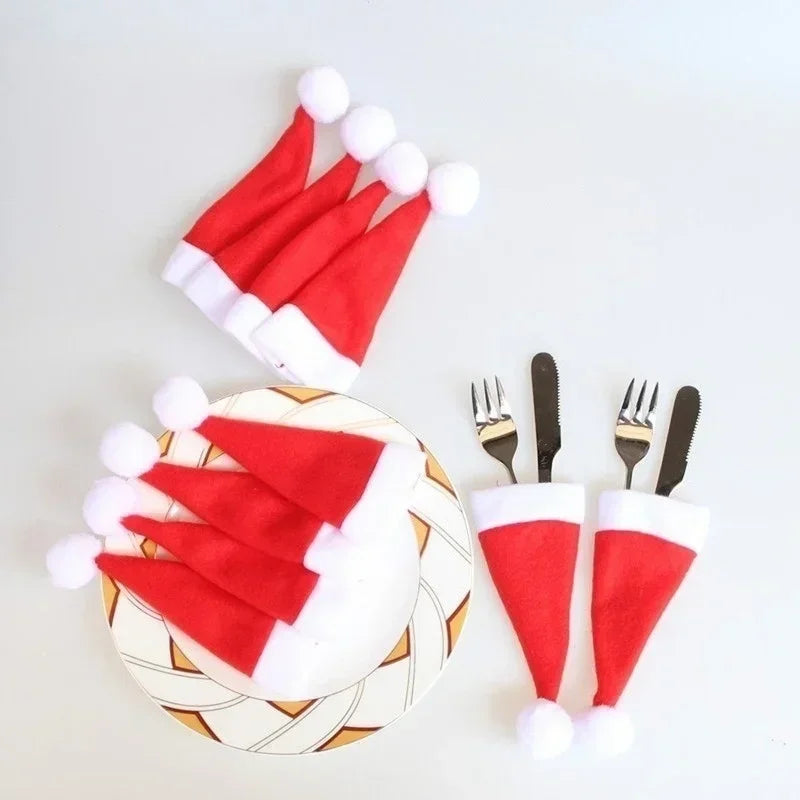 Christmas Tableware Bag Holder Mini Christmas Hat Fork Knife Cutlery Bag Xmas Ornament Decor Merry Christmas Decoration Qme