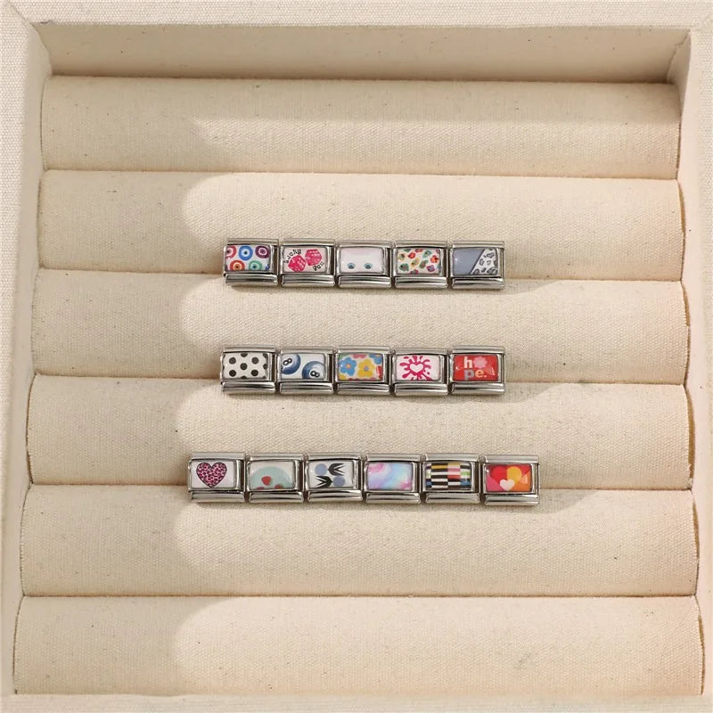 Fashion Women Romantic Heart Lucky you Leopard Polka Point Color Patterns Italian Charm Fit 9mm Stainless Steel Bracelet Jewelry Qme