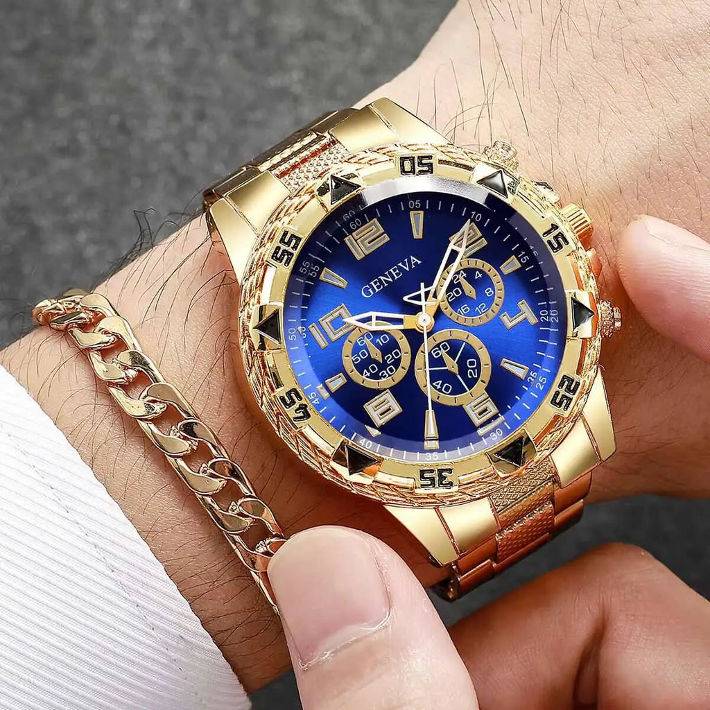 4PCS Large dial men's steel strap watch fashionable business white light glass digital quartz watch set Qme