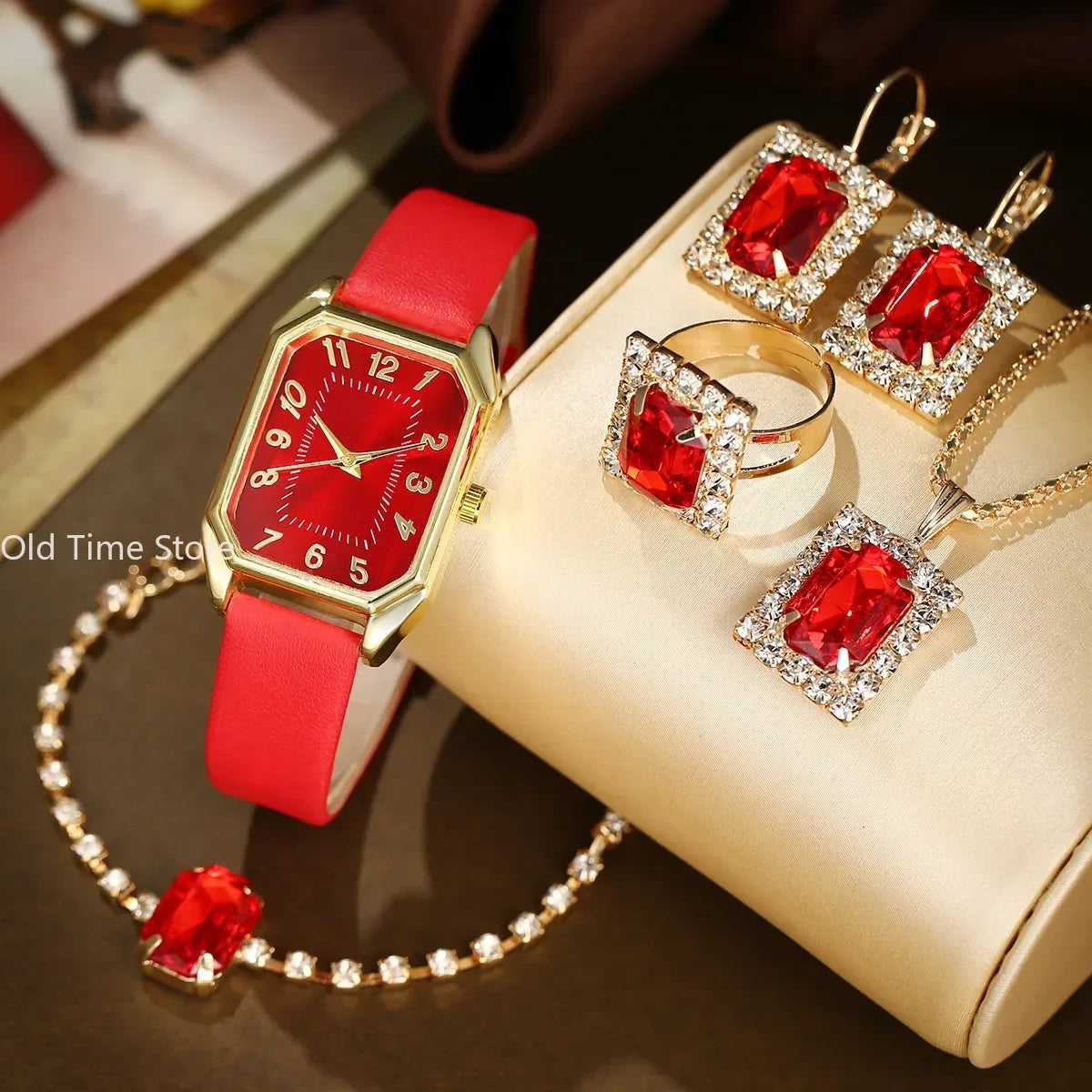 6/5/1PCS Luxury Fashion Square Women's Watches Brand Ladies Quartz Wristwatch Jewelry Set Classic Simple Femme Relogio Feminino Qme 6pcs Set-Red