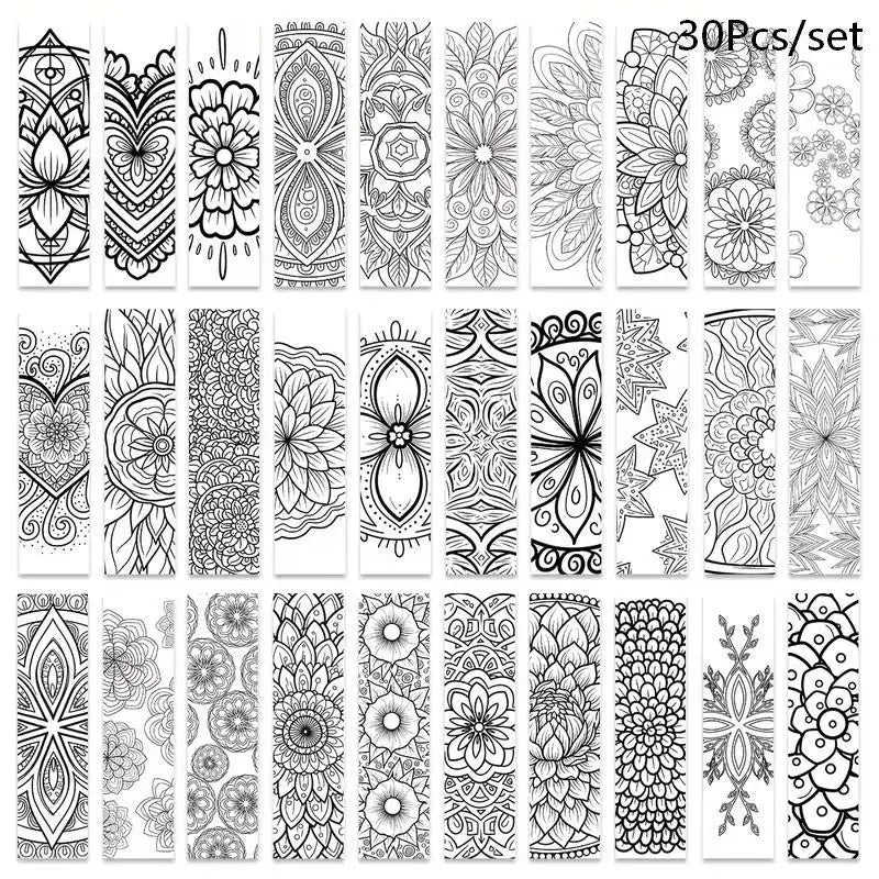 Flower Pattern Coloring Bookmarks DIY Blank Black Line Drawing Qme A3