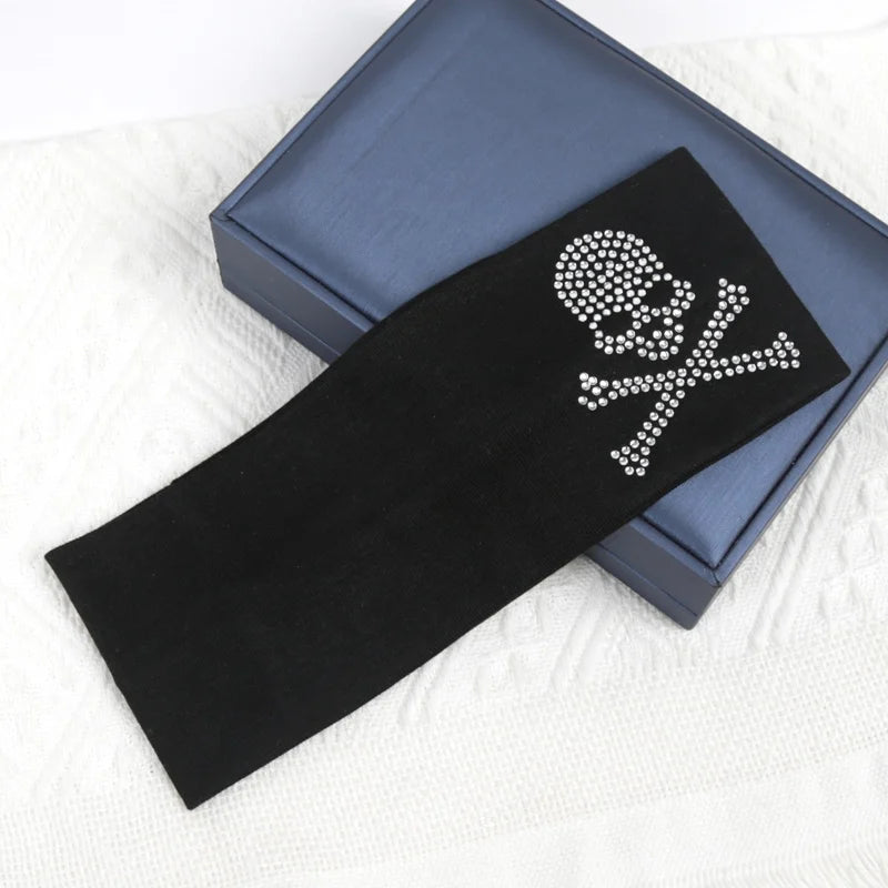 Women's Fashion Plain Headbands SKull Design Rhinestones Elastic Qme black