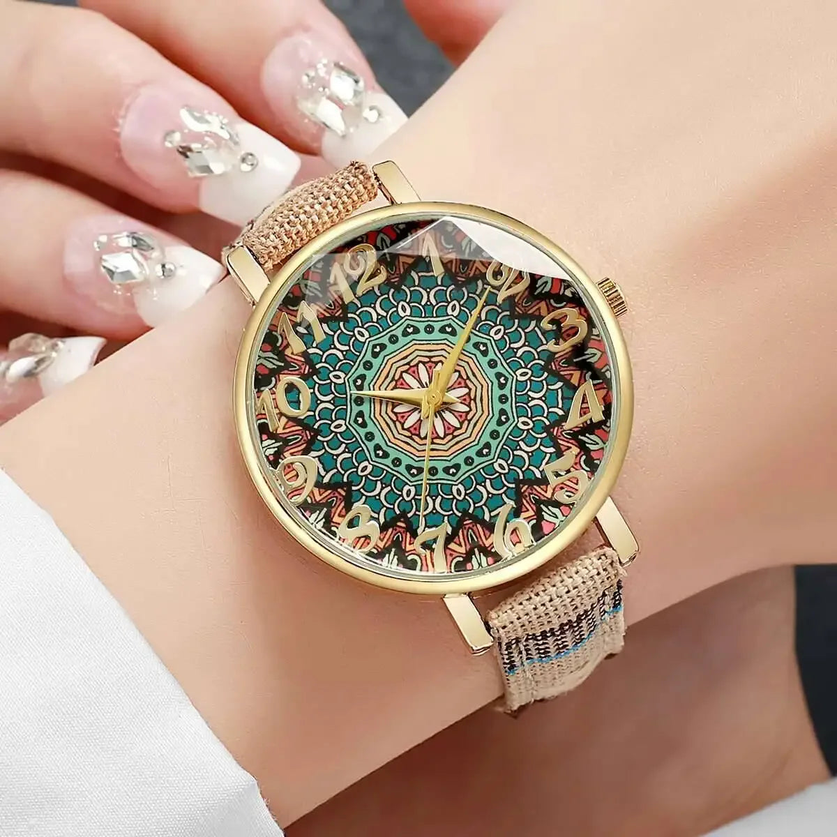 2/3/5PCS Fashion Women Watches Vintage Flowers Printed PU Strap Quartz Watch Reloj Mujer（Without Box） Qme