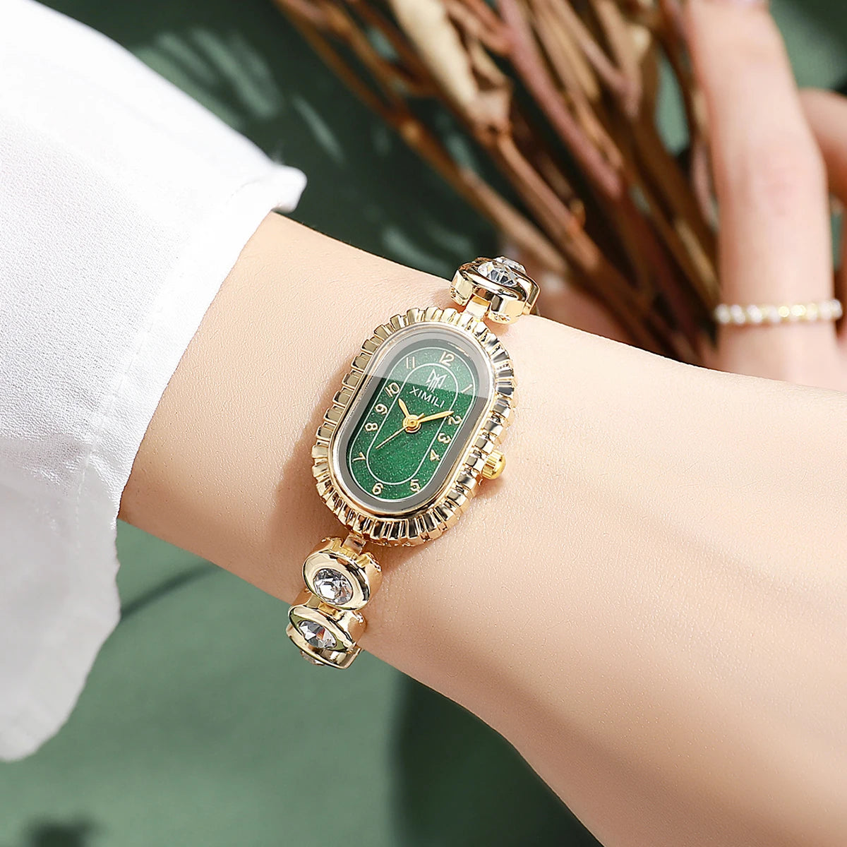 Women's Luxury Crystal Watch Gold Tone Oval Green Dial Elegant Qme