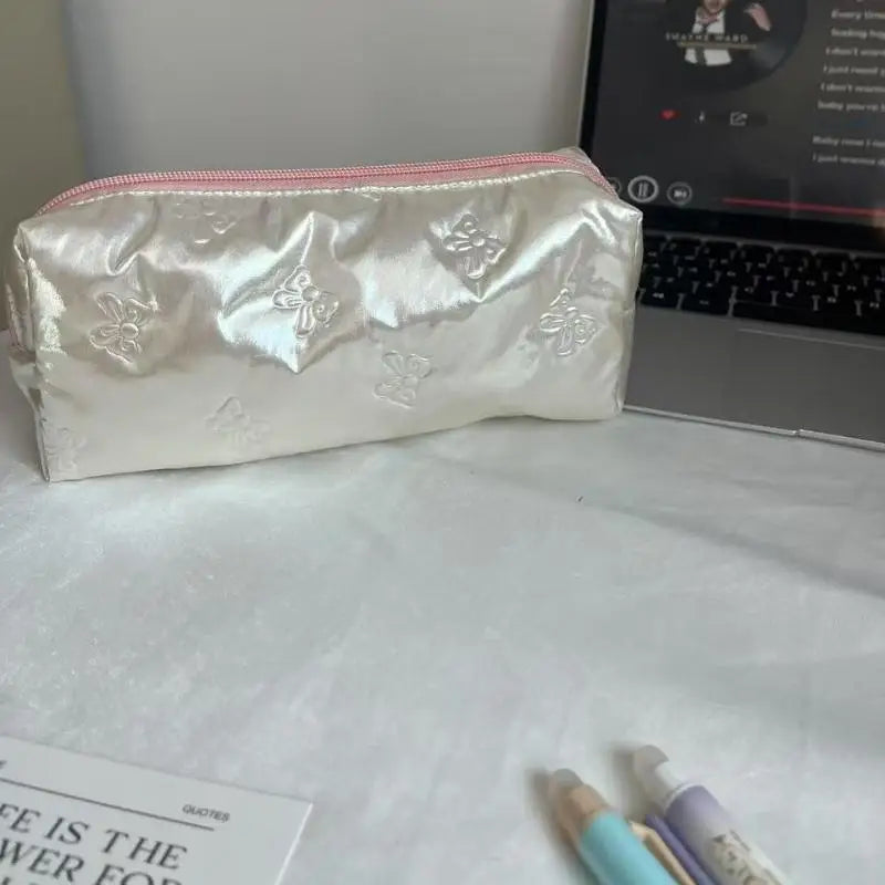 Silver Ballet Cute Bow Large Capacity Pencil Case Student Stationery Qme A12
