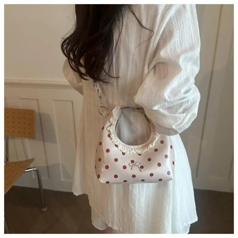 Light Polka Dot PU Leather Bag With Lace Ruffled Handle Cute Bow For Daily Shopping Dating Outings Qme