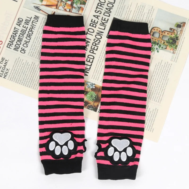 Unisex Black Fingerless Gloves Y2K Gothic Lolita Arm Cover Cute Cat Qme Rose Red