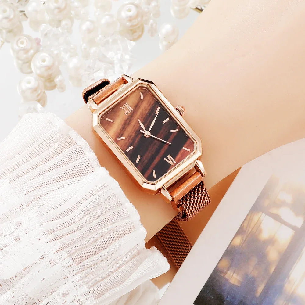 Women Watches Fashion Square Ladies Quartz Watch Bracelet Set Green Dial Simple Rose Gold Mesh Luxury Women Watches Qme Red