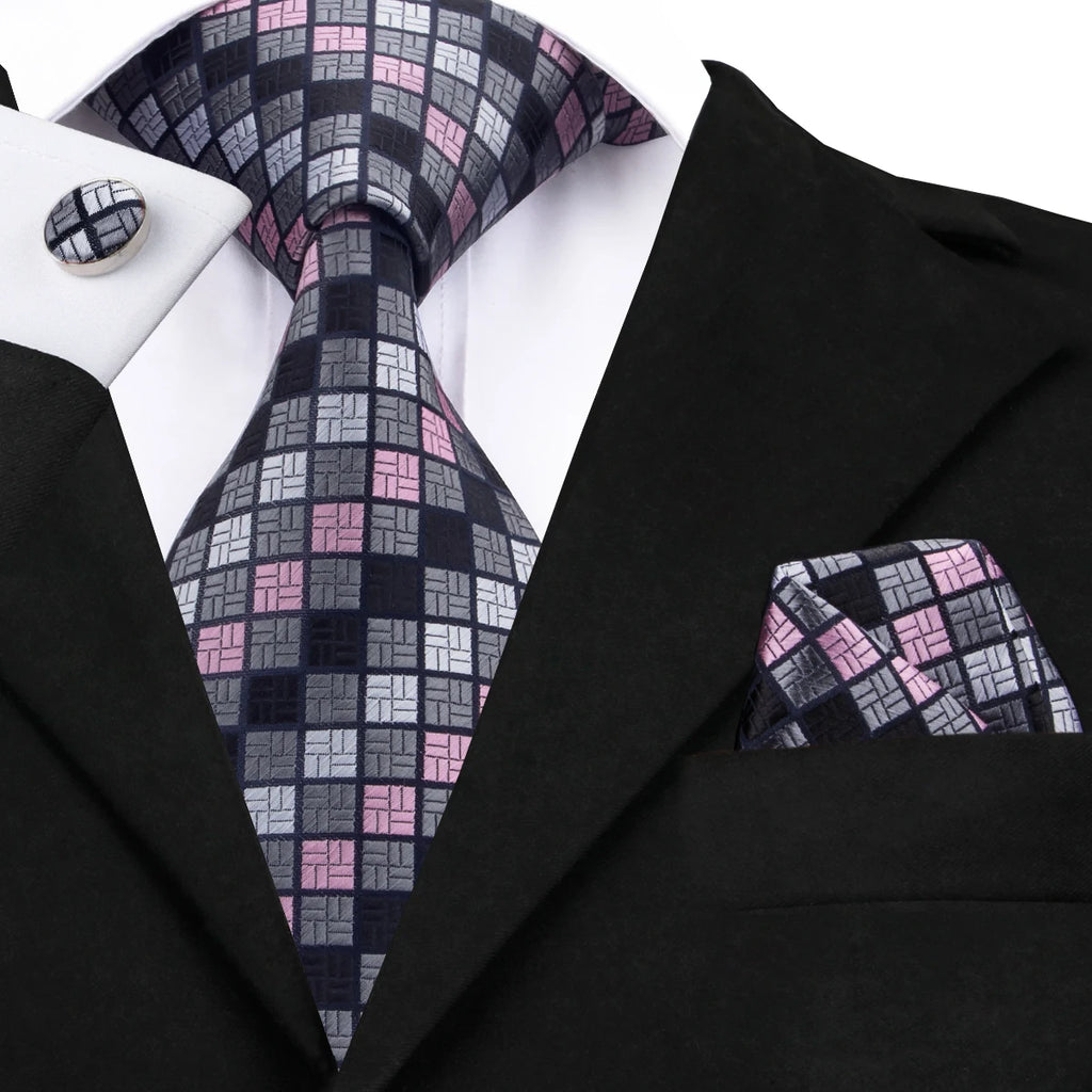Hi-tie Designer Grey Plaid Novelty Silk Wedding Tie Men Handky Qme