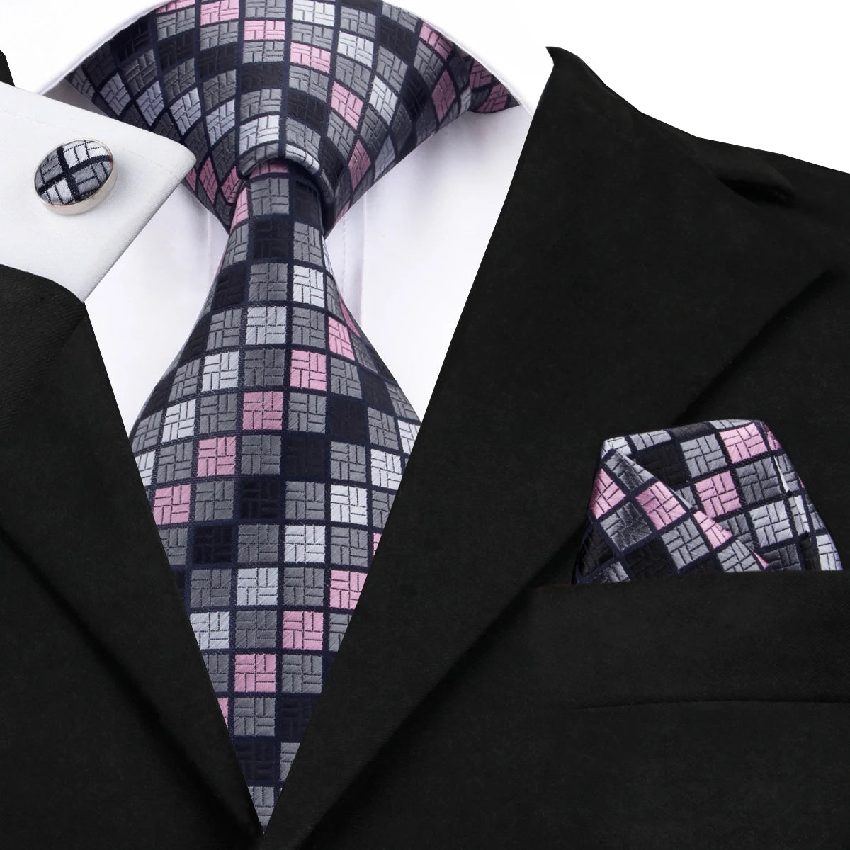 Hi-tie Designer Grey Plaid Novelty Silk Wedding Tie Men Handky Qme