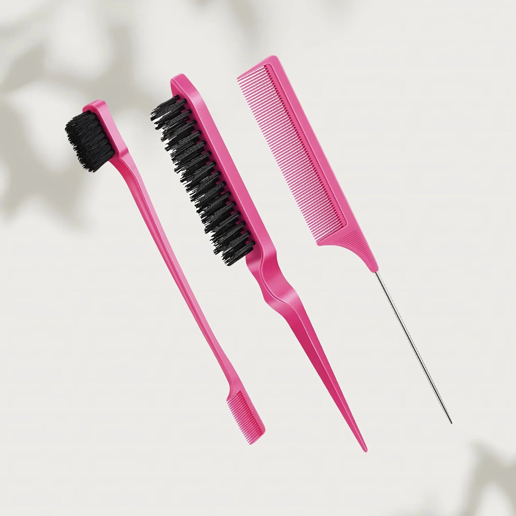 Styling Comb Set with Pointed Tail Comb, Double-Headed Fluffy Bristle Brush for Volumizing and Waving Hair, Beauty Tools Qme Rose Red