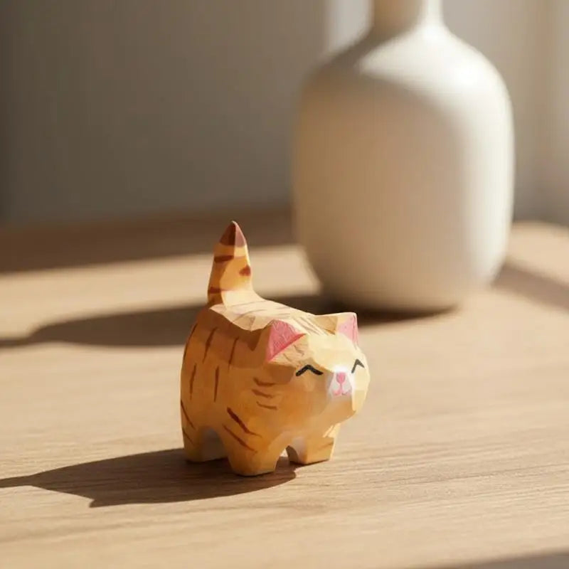 Carved Wooden Kitten Figurine Adorable Mini Cat Ornament Home Bedroom Qme