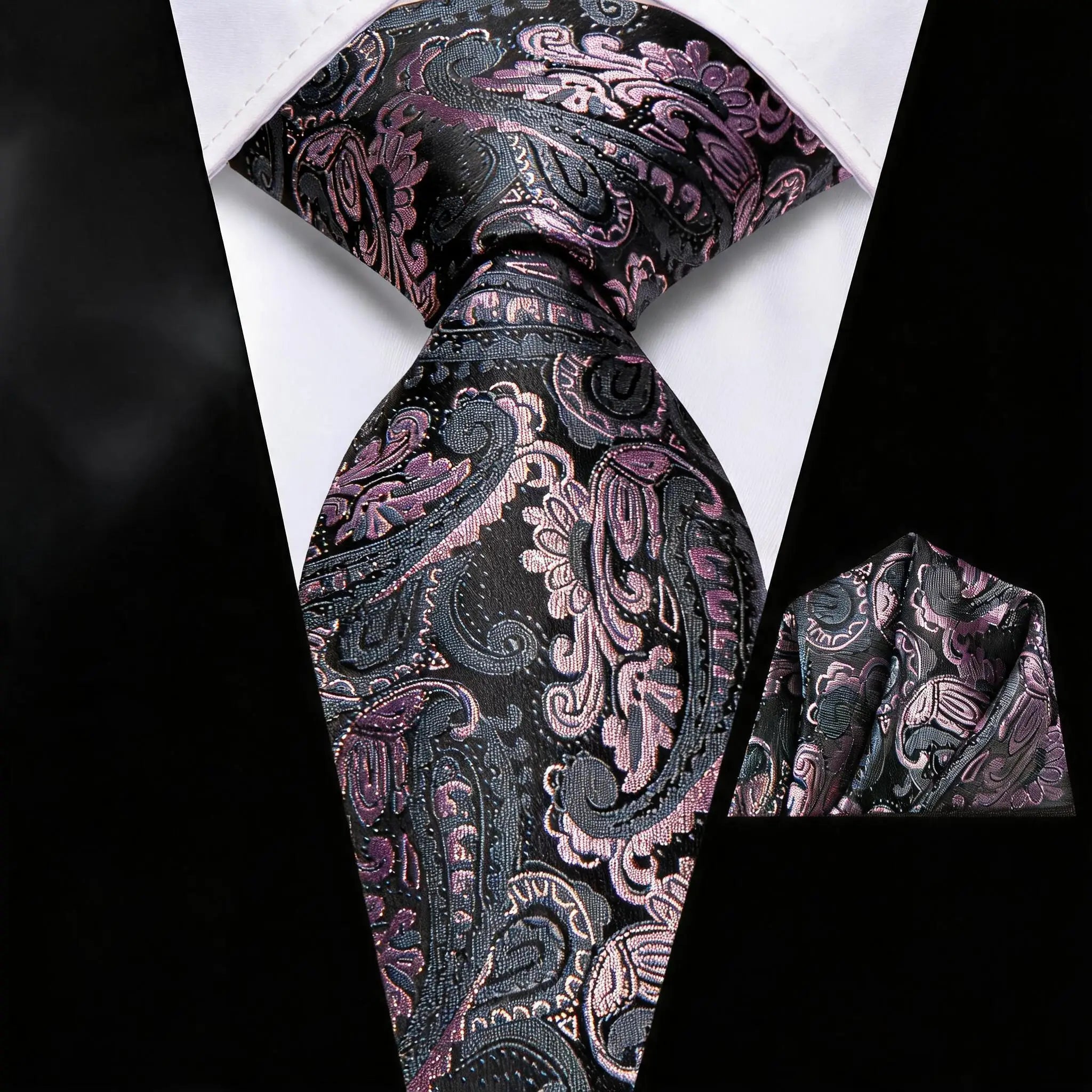 Men Formal Green Gold Pink Paisley Woven Necktie Pocket Square Party Qme HT-LDSN2005