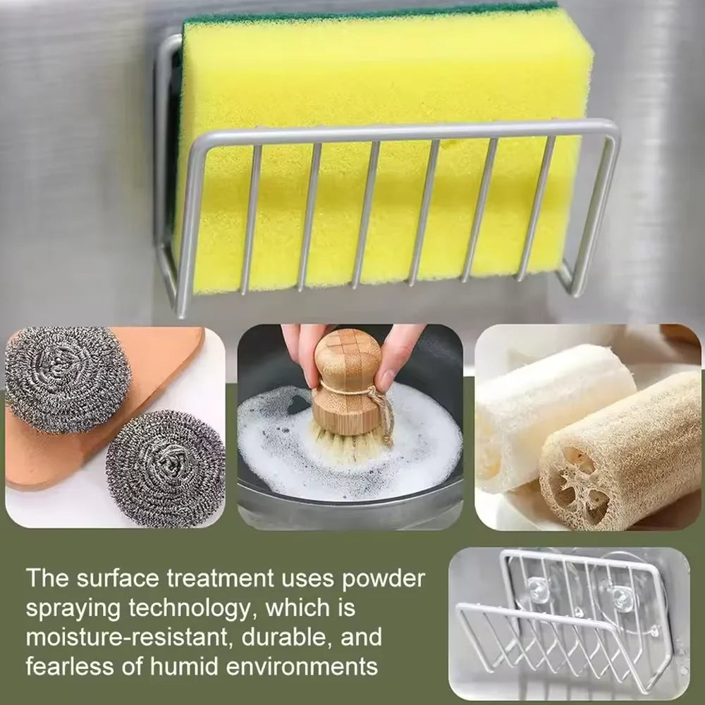 No-Drill Iron Sponge Holder Rack - Over Sink Draining Shelf, Wall-Mounted Kitchen Organizer for Dish Scrubber & Soap Dispenser Qme