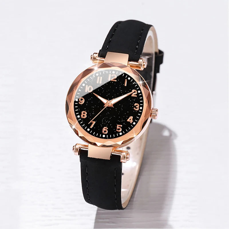 4Pcs Starry Sky Dial Watch Bracelet Set Women Black Leather Quartz Wristwatch Marble Charm Bracelets Jewelry Gift Qme