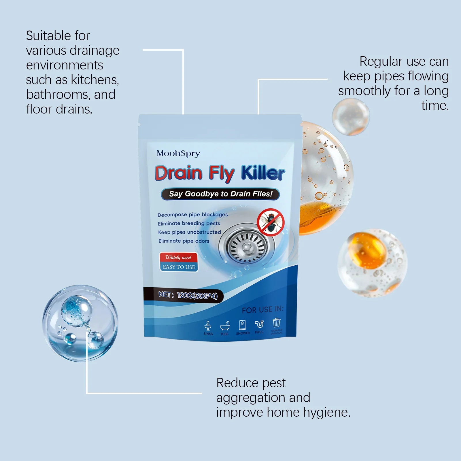 MoonSpry 120g Drainage Pipe Insect Removal Powder for Kitchen Bathroom Sewer Drain Outlet Decontamination Cleaning Qme