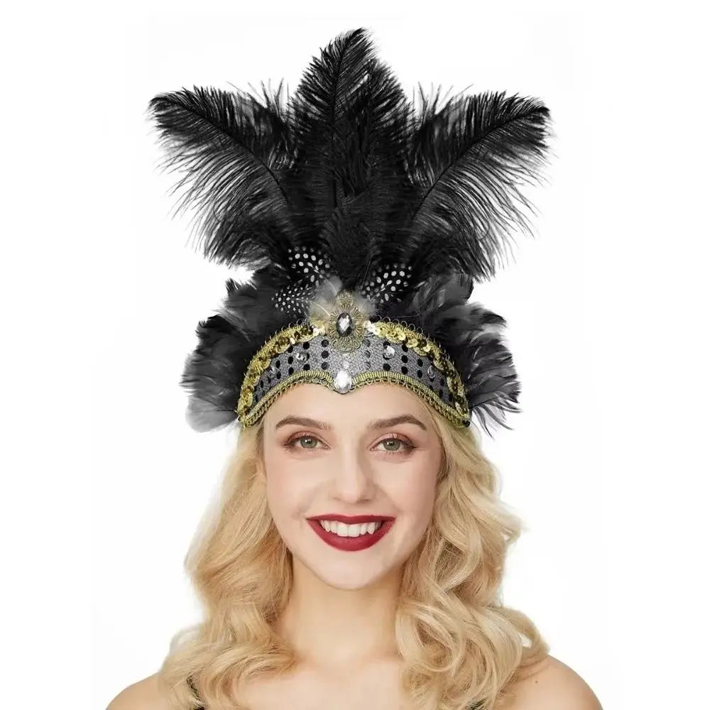 Exquisite Colorful Feather Headpiece Vintage Glitter Sequin Headband Qme