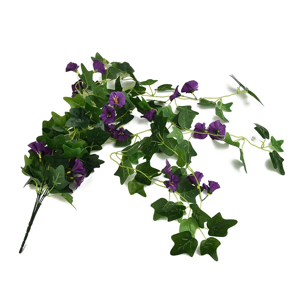 1PCS Hanging Artificial Fake Hanging Silk Flowers Vines Plants Garden Decor Indoor Outdoor Wedding Party Wall Balcony Decor Qme Morning glory Purple