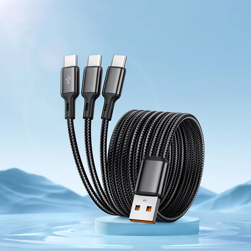 3 IN 1 USB Cable Cord USB To Type C Charger Cable Multi 6A Type C Ports Fast Charging Data Cord For iPhone Samsung Xiaomi Huawei Qme Black 0.2m