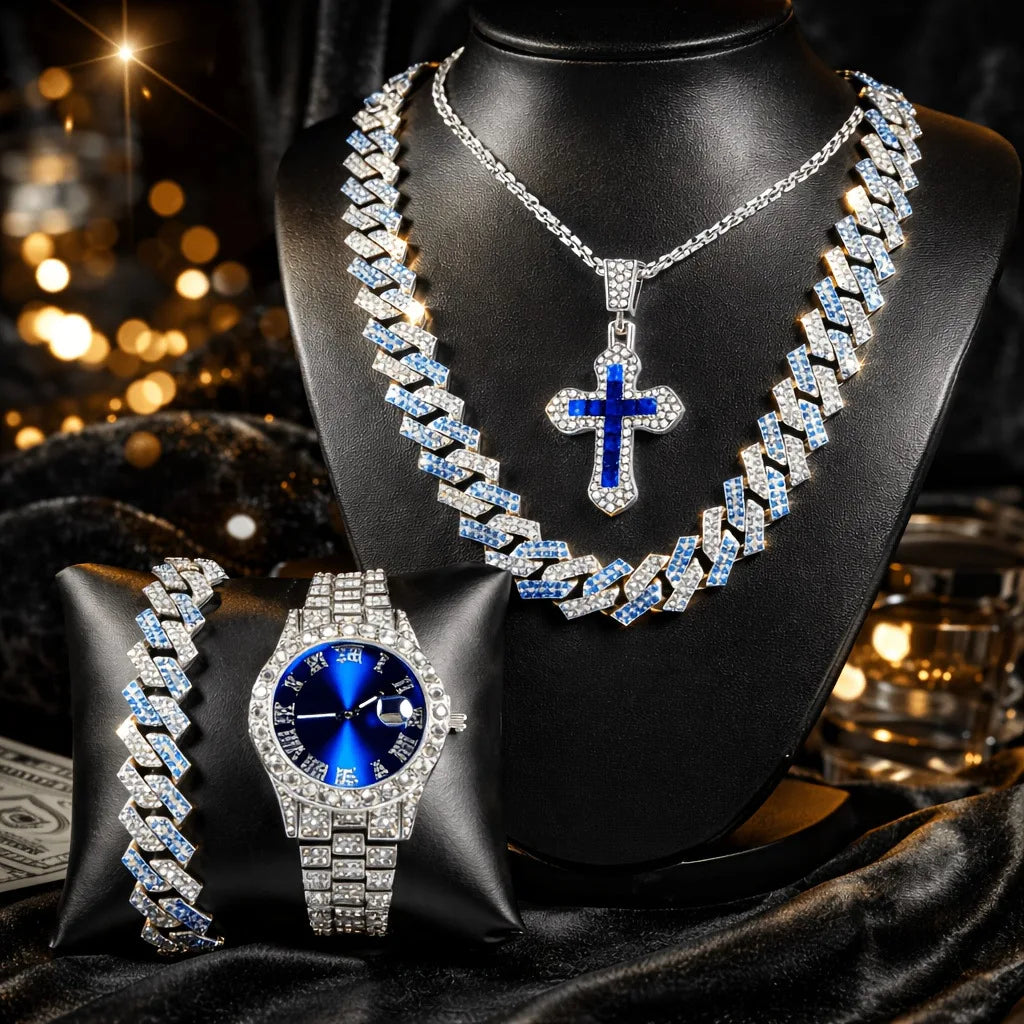 4pcs Foreign Trade Hot Men's Watch Set Hip Hop Full Diamond Quartz Watch Set Men's Business Quartz Watch Qme