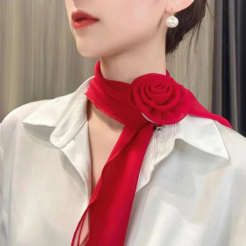 Versatile Rose Design Silk Scarf Soft Neckerchief Girls Women Long Qme Red