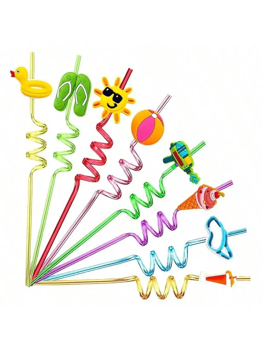 8 Colored Reusable Cartoon Straws Durable Plastic Milk Water Qme