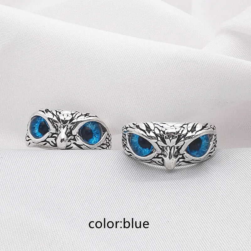 Charm Vintage Cute Men and Women Simple Design Owl Ring Silver Color Engagement Wedding Rings Jewelry Gifts Qme Blue antique silver resizable