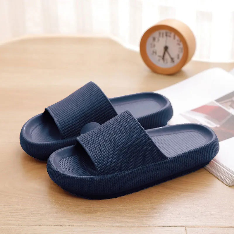Summer Couple Shoes Women Bathroom Slippers Cloud Cushion Slides Flat Sandals Thick Platform Shoes Man Indoor Non-Slip Flip Flop Qme A-Dark Blue 38-39 (fit 37-38)