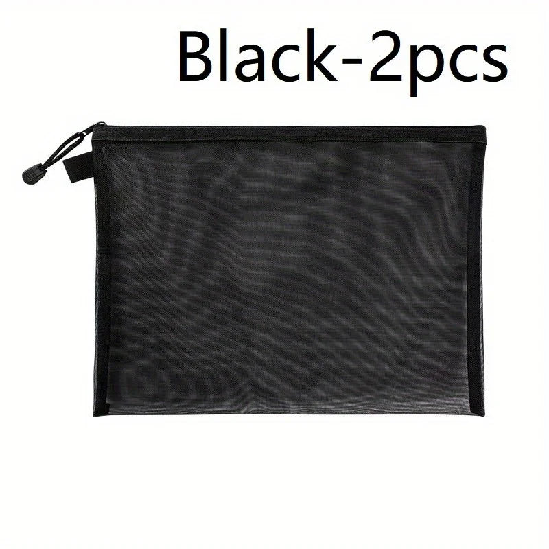 2-Piece Nylon Zipper Mesh Bag Set - Multifunctional Travel Storage Bag and Cosmetic Bag - Durable, A5 Size - Black, White, Grey Qme 2pcs Black