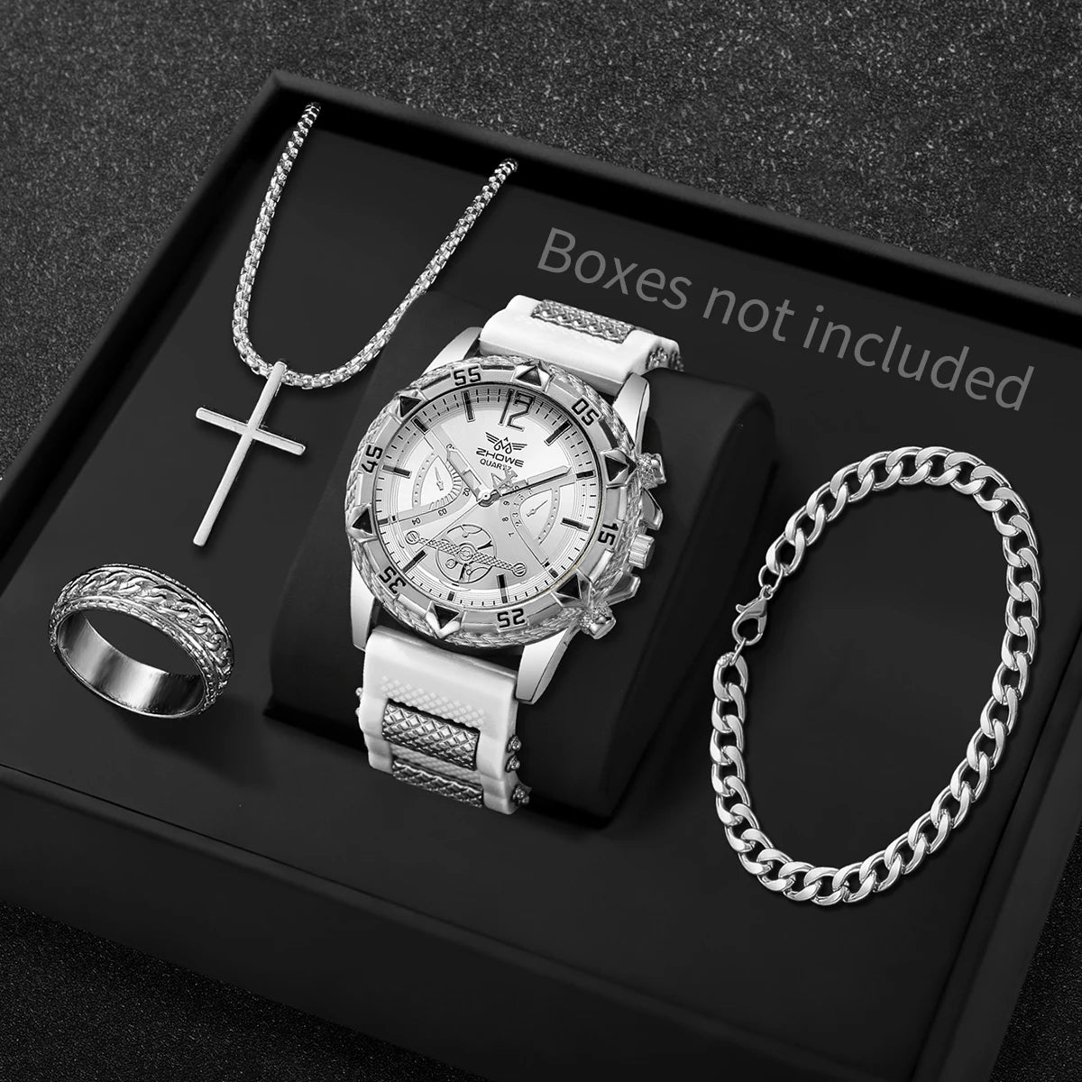 4Pcs Men Accessories Set Fashion Big Dial Quartz Watch Cross Necklace Bracelet Ring Hip Hop Men Daily Wear Gift Qme White Silver No Box
