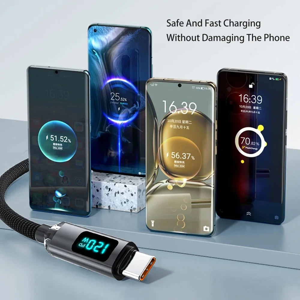 120W Digital Display USB Type C Fast Charging Wire Nylon Braided Dual USB-C Data Cable PD Quick Charge for IPhone 16 Pro Samsung Qme
