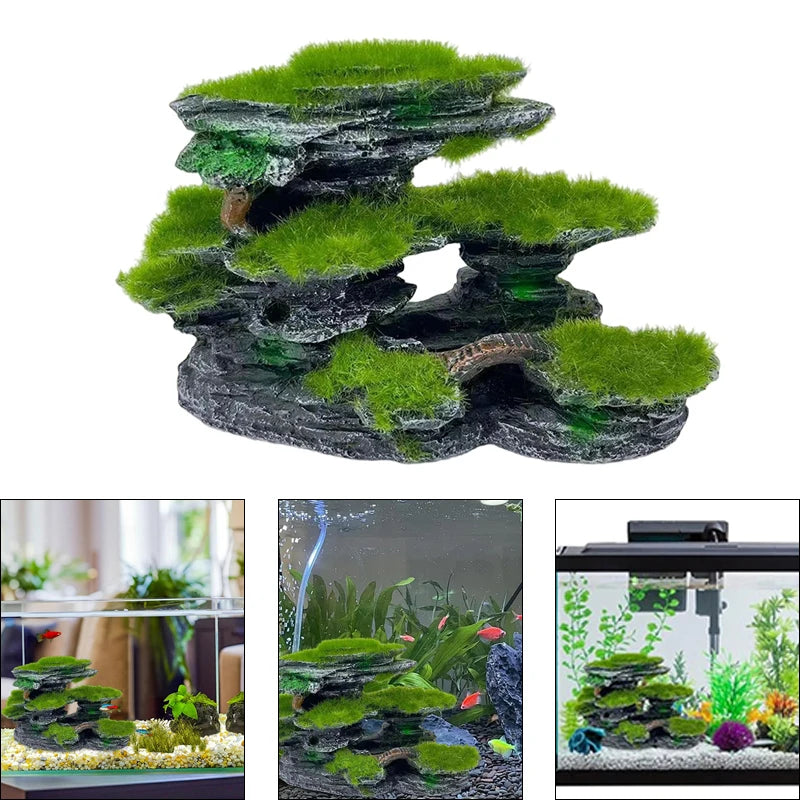 Aquarium Mountain View Stone Mossed Hideout Submersible Resin Qme