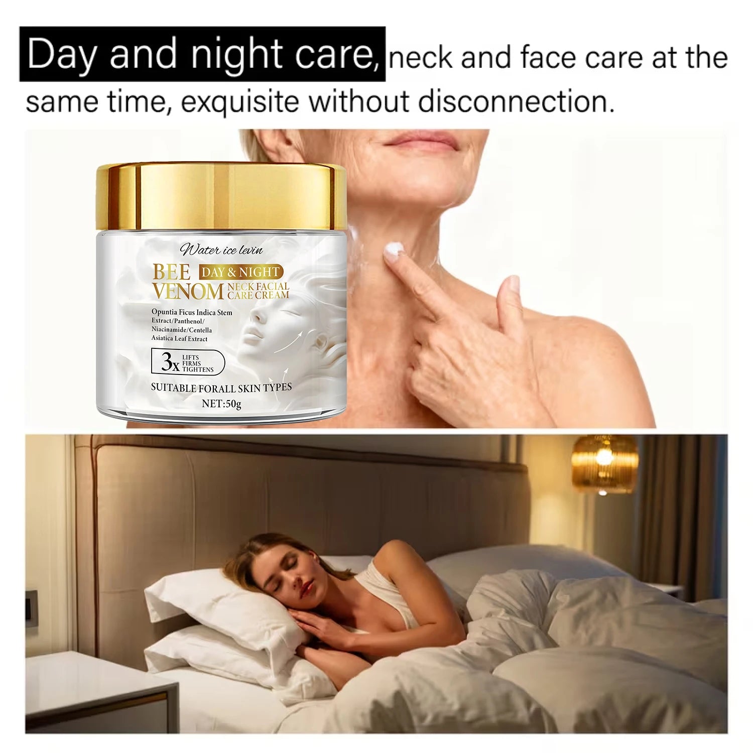Bee Venom Neck & Facial Care Cream for Efficient Firming & Repair, with Collagen & Hyaluronic Acid. Qme