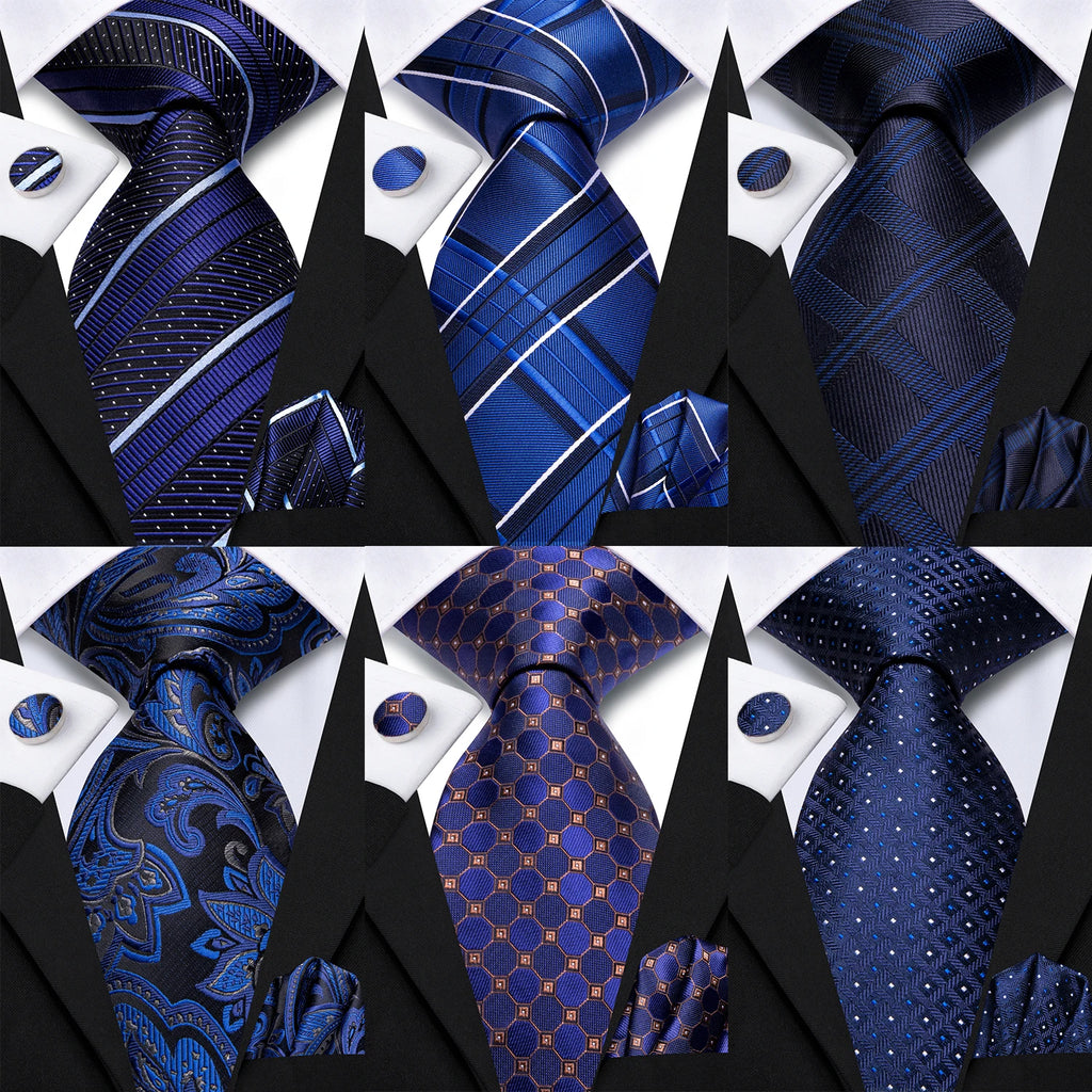 Hi-Tie Navy Blue Striped Plaid Fashion Mens Elegant Tie Handkerchief Cufflinks Set Wedding Party Accessories Gift for Men Gravat Qme