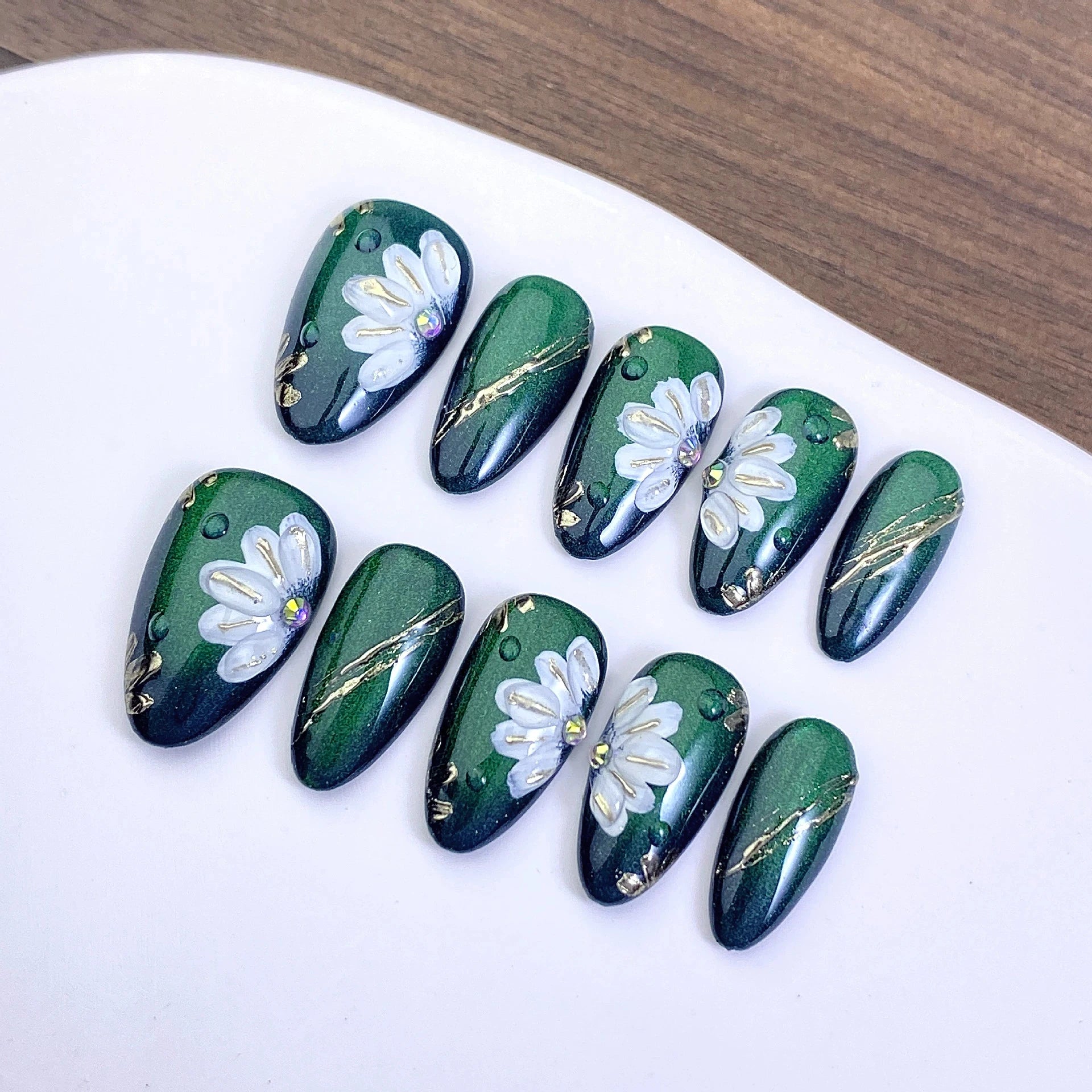 High-end Handmade Diamonds Chic Pink Flower Press Nails Sweet Cat Eye Qme GJ-CDJ-ZB194-S