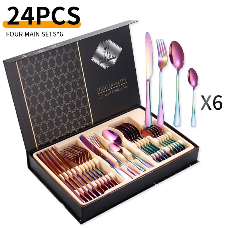 24-Piece Stainless Steel Tableware Set,Western Cutlery Steak Knife Fork Spoon, Gift Box Set for Home Restaurant Wedding Gift Qme B-24Pcs RainBow