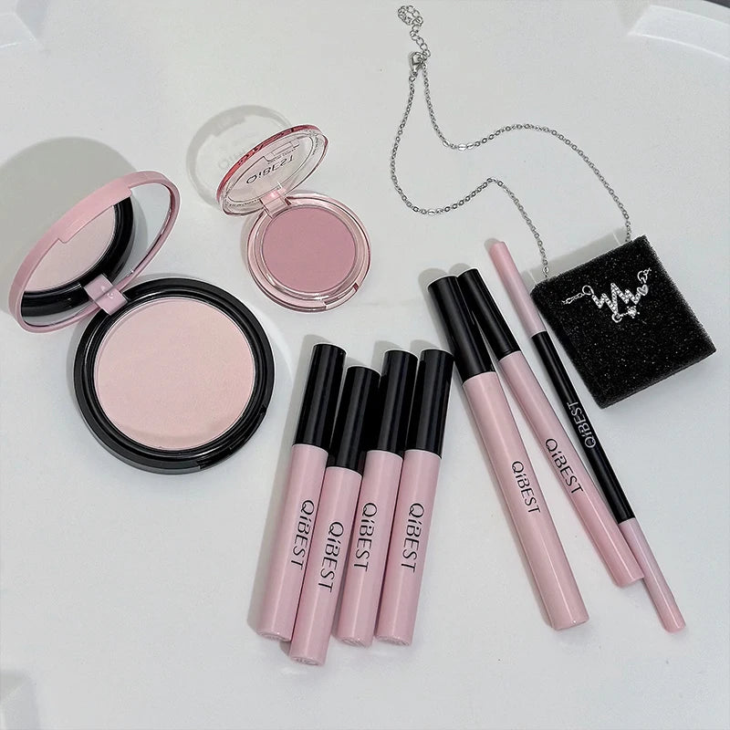 QIBEST Multipurpose Makeup Set Include 4PC Lip Mud,1 Pressed Powder,1 Blush,1 Eyeliner,1 Eyelash Tool,1 Eyebrow Pencil Cosmetics Qme