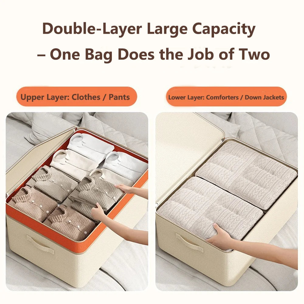 PU Double-Layer Storage Box for Clothes & Quilts, Large Capacity Wardrobe Layered Organizer for Seasonal Items & Bedding Qme