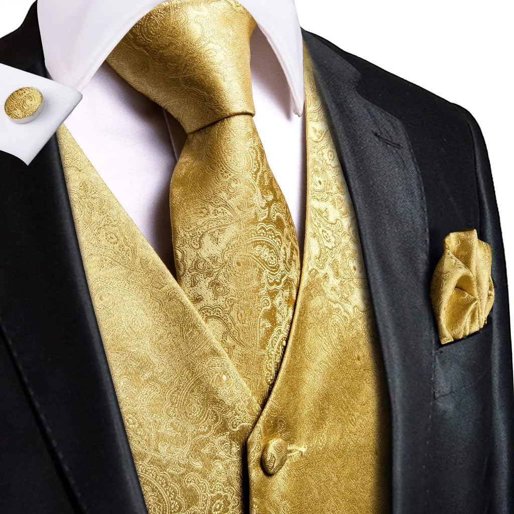 Hi-tie Luxury Gold Mens Vest Silk Tie Hanky Cufflinks Jacquard Floral Qme